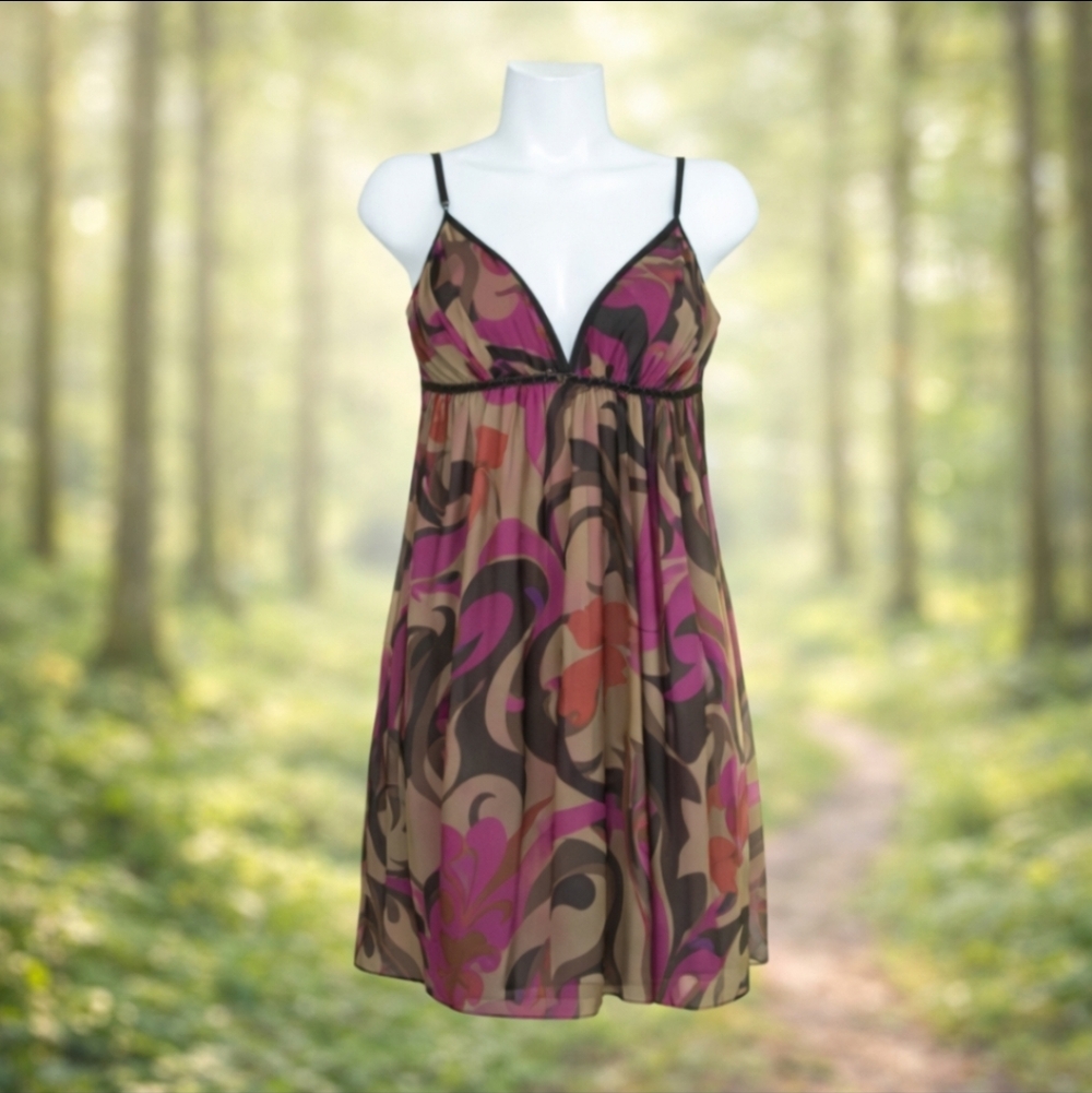 Y2K Babydoll 100% Silk Slip Dress Chiffon Dark Print Fairycore Goblincore Sz 12